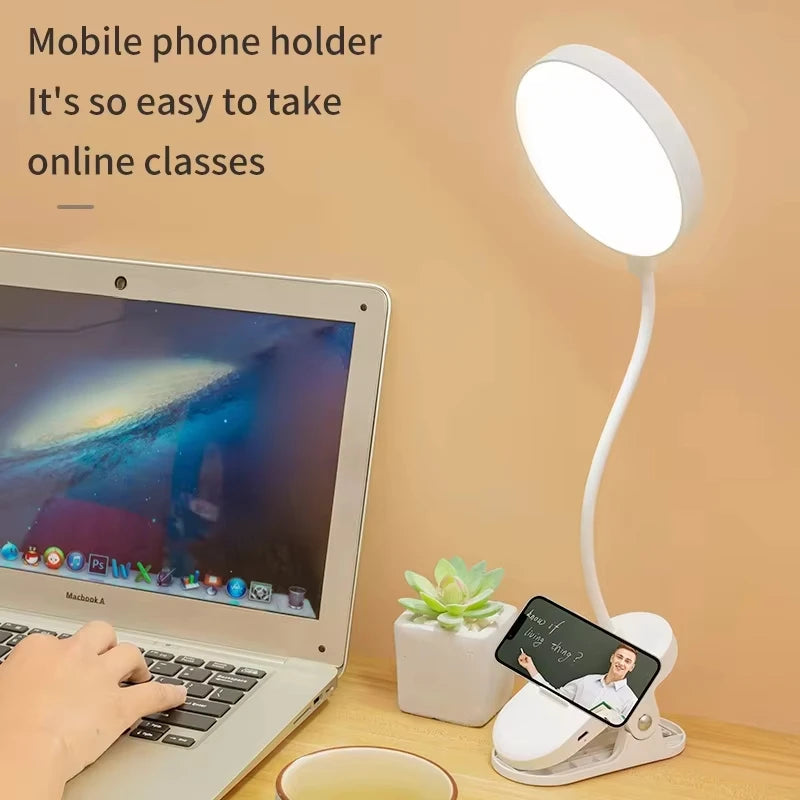 LED Portable Clip Table Lamp – USB Rechargeable Reading Light with Touch Control and 3 Dimming Modes