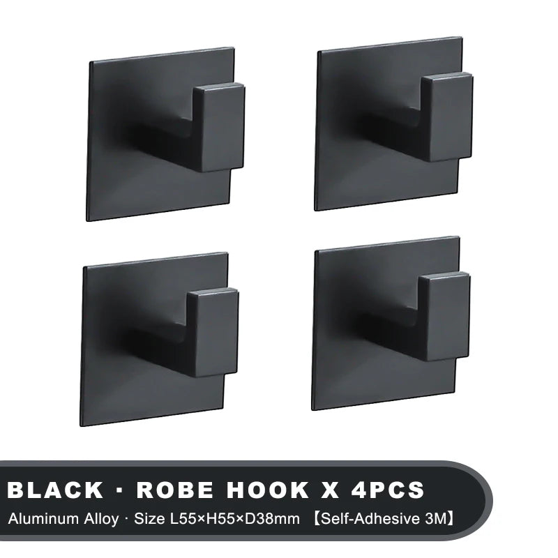 Strong Adhesive Wall Hooks – 1 to 4 Pcs | Matte Black Aluminum Alloy