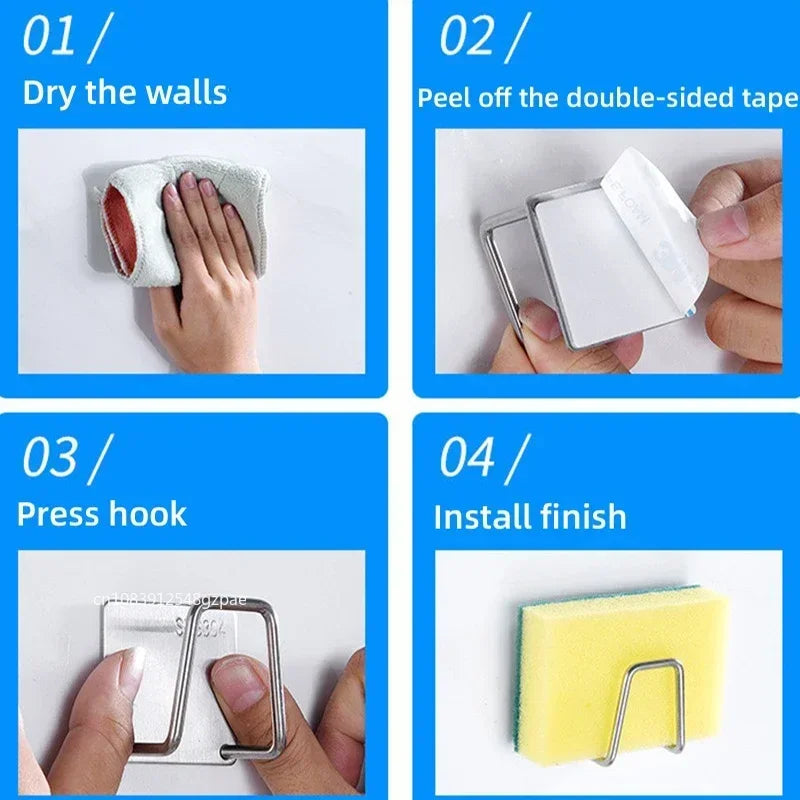 Stainless Steel Sink Sponge Rack – Self-Adhesive, Rustproof & Space-Saving Kitchen Storage