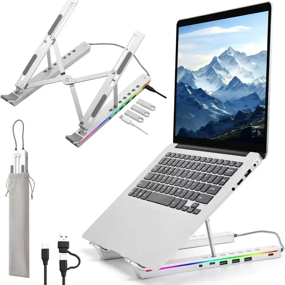 Foldable 4-in-1 RGB Laptop Stand with USB Hub – Aluminium Alloy Portable Notebook Holder