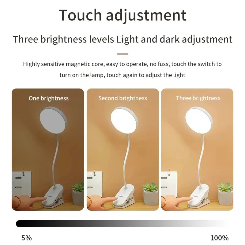 LED Portable Clip Table Lamp – USB Rechargeable Reading Light with Touch Control and 3 Dimming Modes