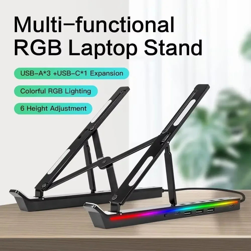 Foldable 4-in-1 RGB Laptop Stand with USB Hub – Aluminium Alloy Portable Notebook Holder