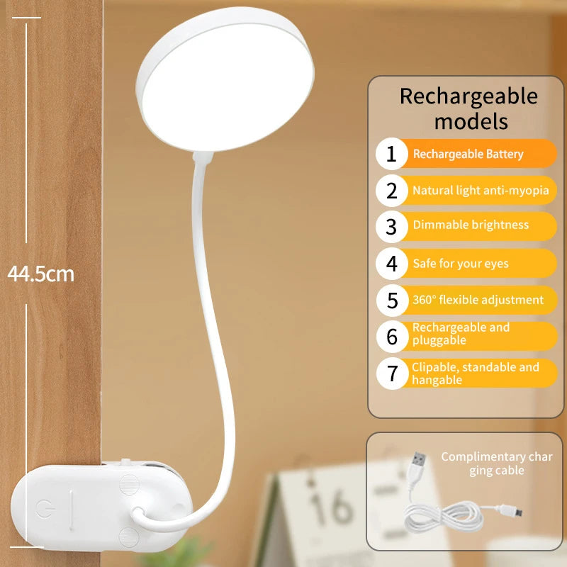 LED Portable Clip Table Lamp – USB Rechargeable Reading Light with Touch Control and 3 Dimming Modes