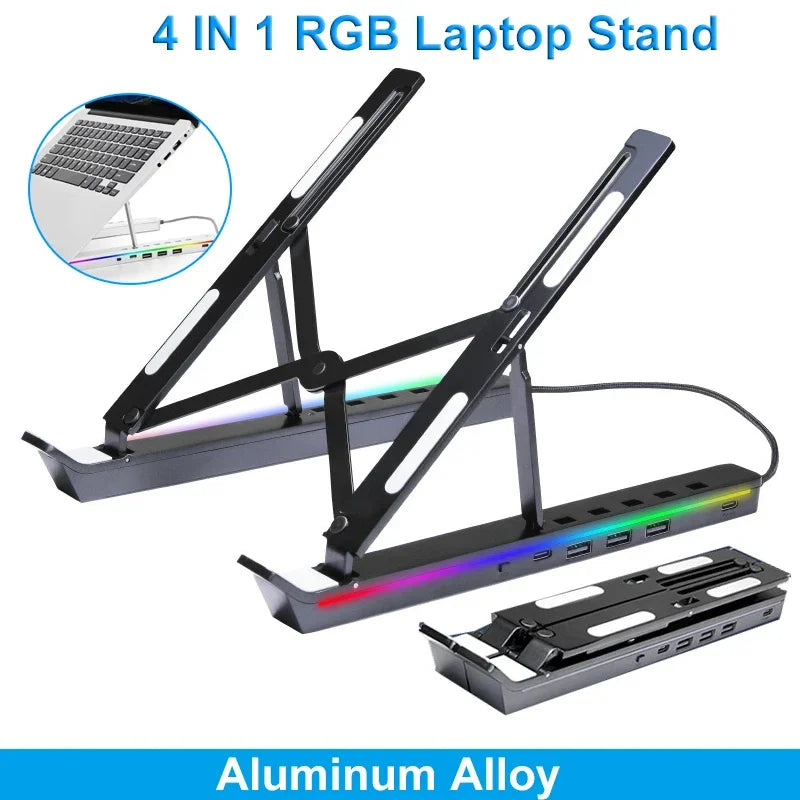 Foldable 4-in-1 RGB Laptop Stand with USB Hub – Aluminium Alloy Portable Notebook Holder