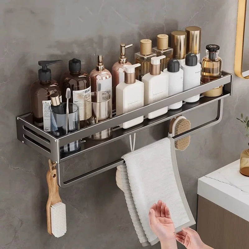 Shower Corner Shelf – No-Drill Aluminum Bathroom Rack with Towel Bar